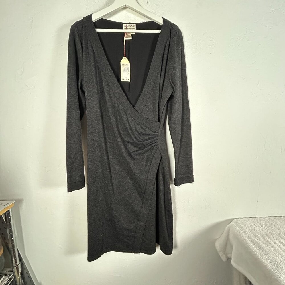 M.S.S.P. Womens Wrap Bella Dress 1X Heather Black V-Neck Long Sleeve Stretch New